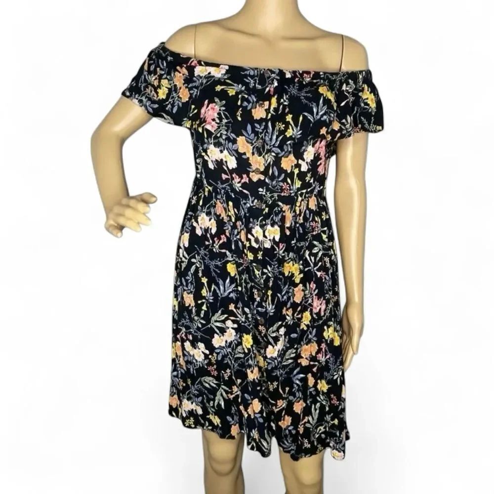 Patrons Of Peace Off Shoulder Floral Mini Dress Elastic Waist Black Yellow Small